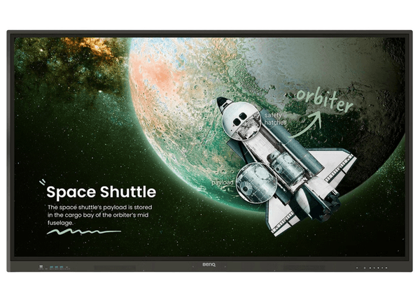 BenQ RE6504A 65in interactive display, front view showing a Space Shuttle lesson slide on screen