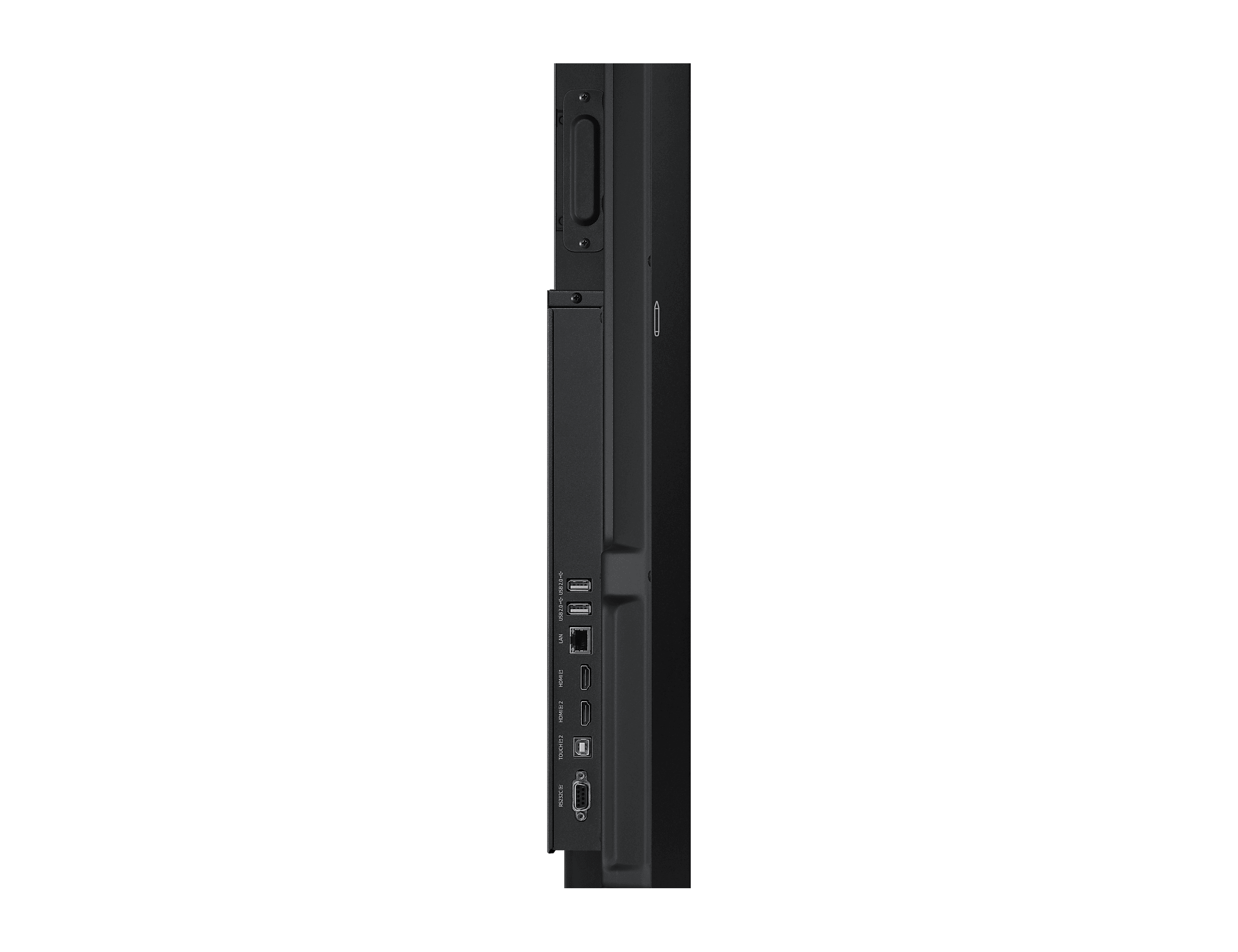 Samsung WA86F LH86WAFWLGCXEN 86" interactive display, side profile close-up of the rear I/O connector panel (HDMI, USB, LAN, DisplayPort, RS232)