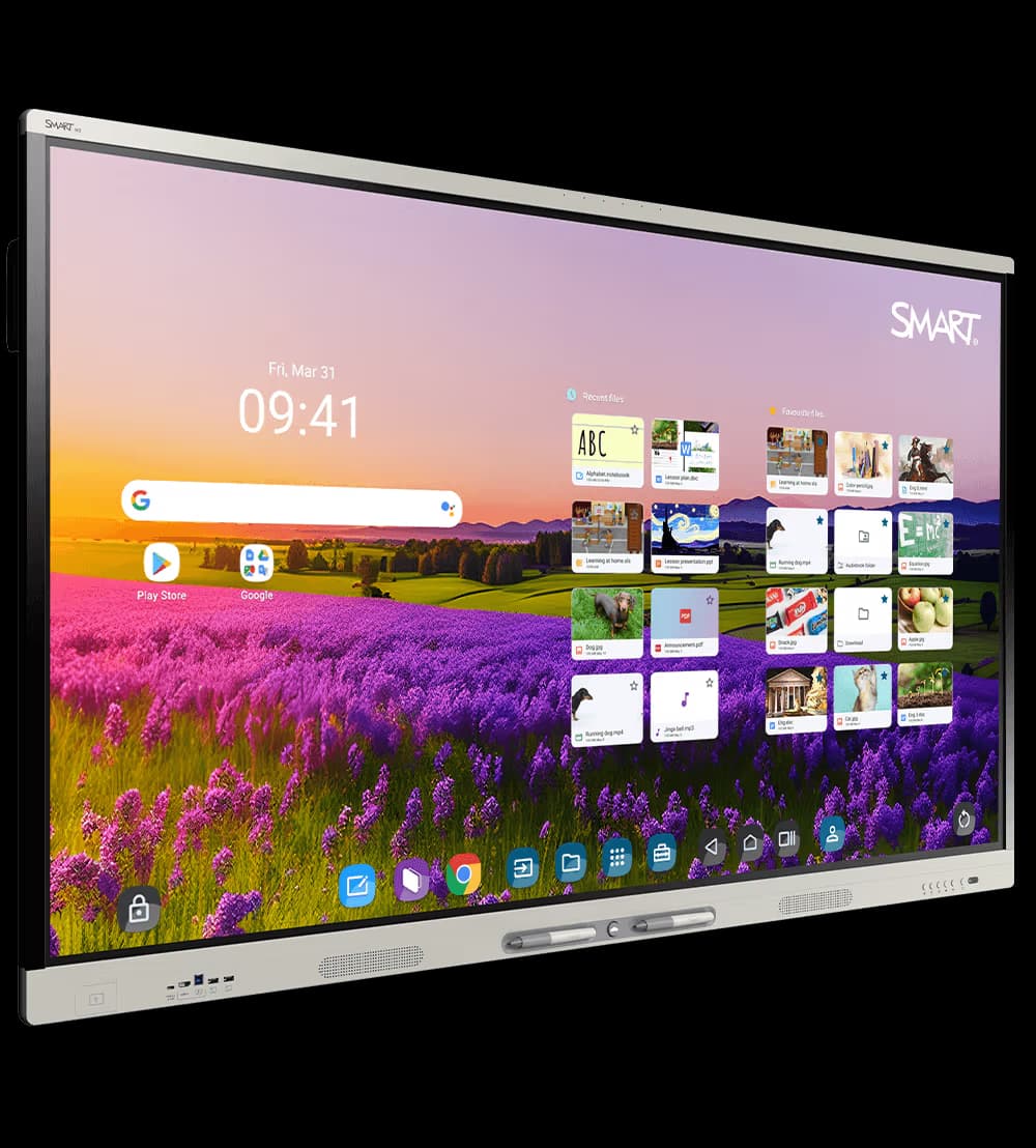 SMART Board MX (V5) series interactive display, left-angled view showing bezel, front ports and home screen UI (series shot, shared across all MX V5 sizes including the 55" MX255-V5)