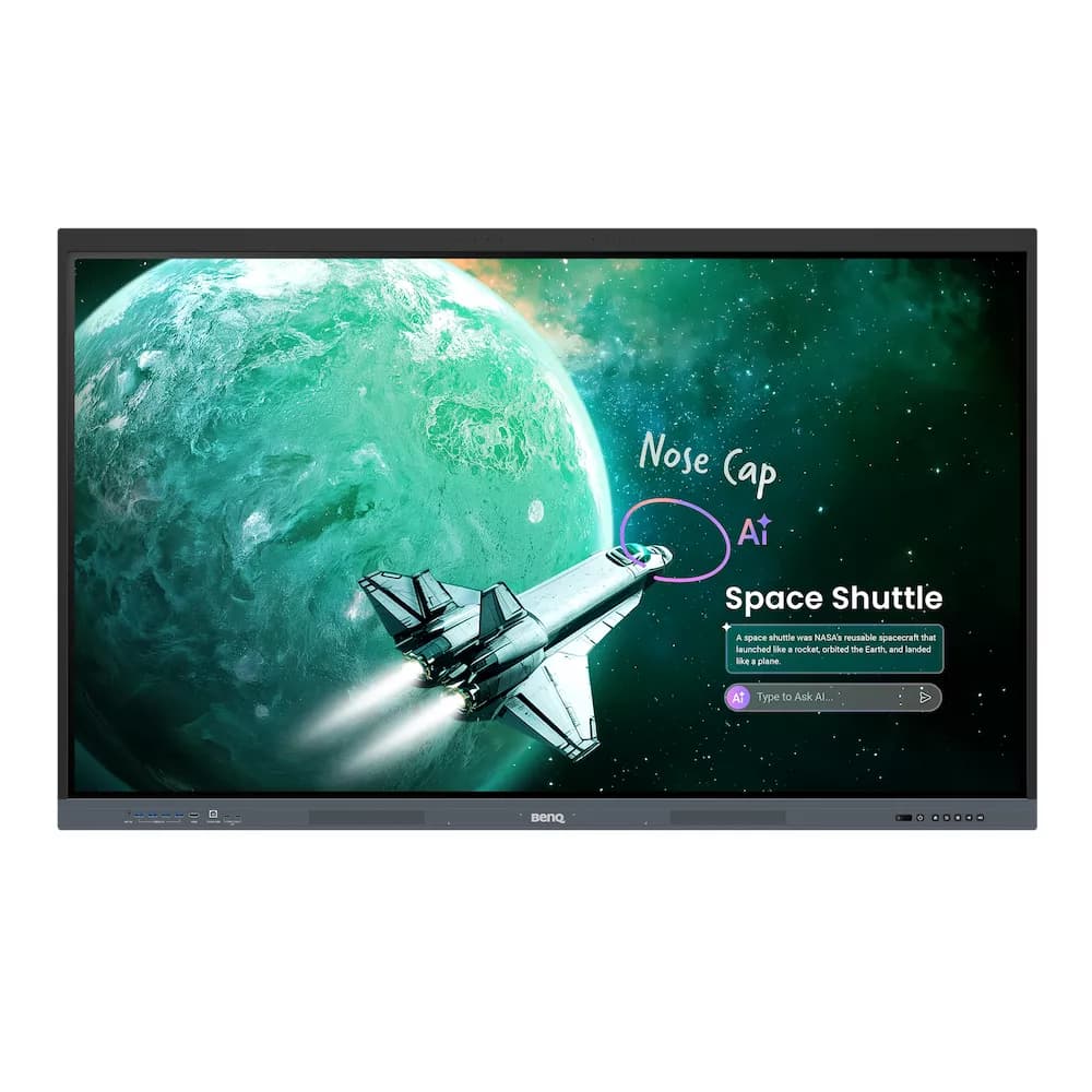 BenQ RE05 series (RE6505E family) front view showing AI-assisted annotation UI - series/family render, not confirmed E-suffix-specific