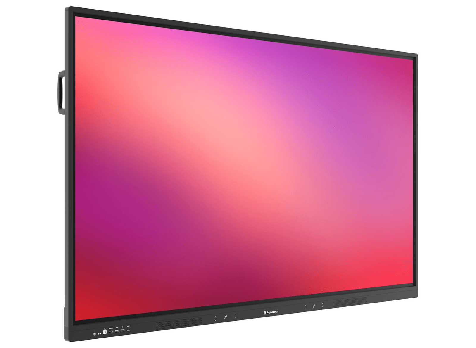 Promethean ActivPanel LE 65in interactive display, three-quarter angled view showing side profile and front port cluster