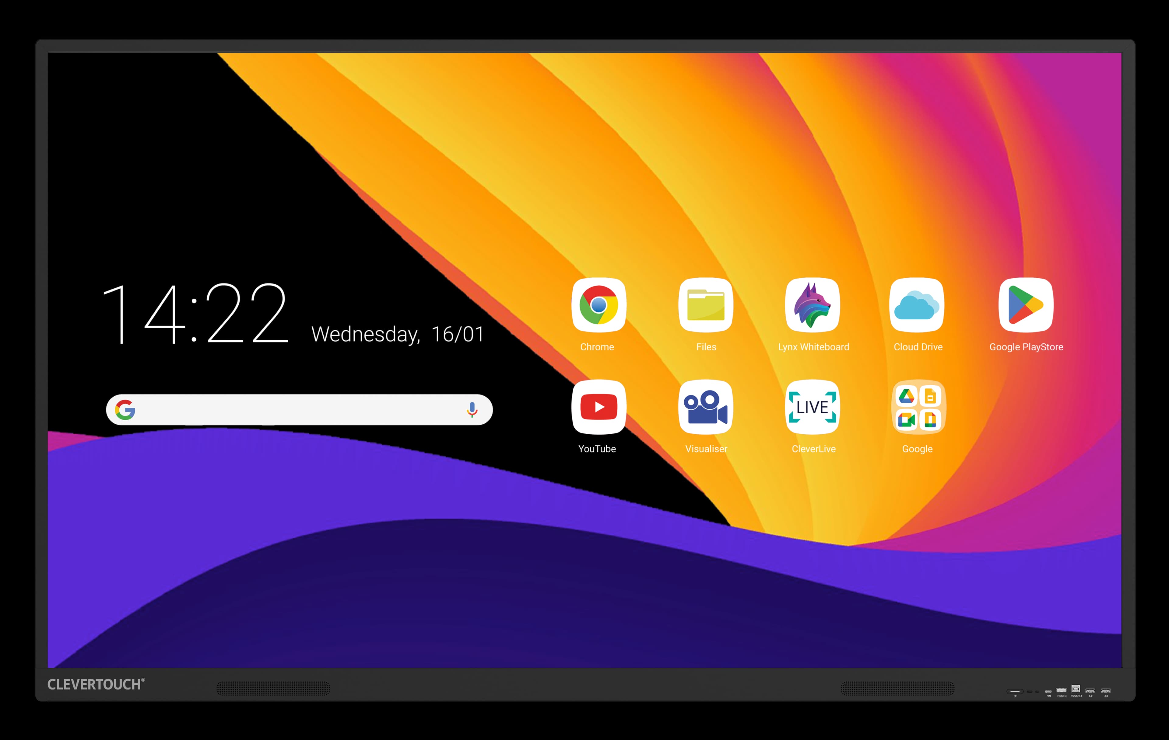 Clevertouch X5 65" front view showing Android home screen UI with app icons