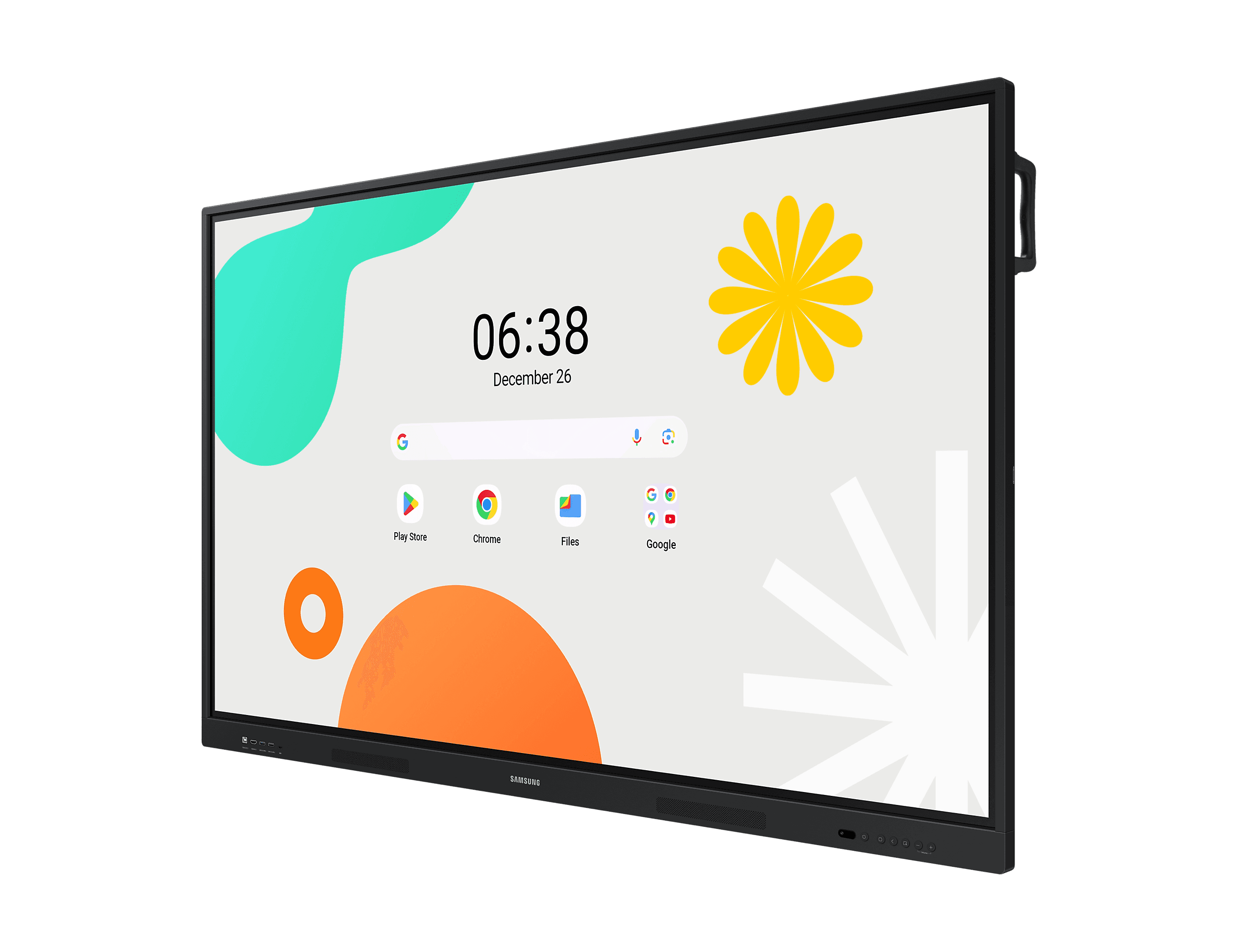 Samsung WA86F LH86WAFWLGCXEN 86" interactive display, angled front view showing Android home screen