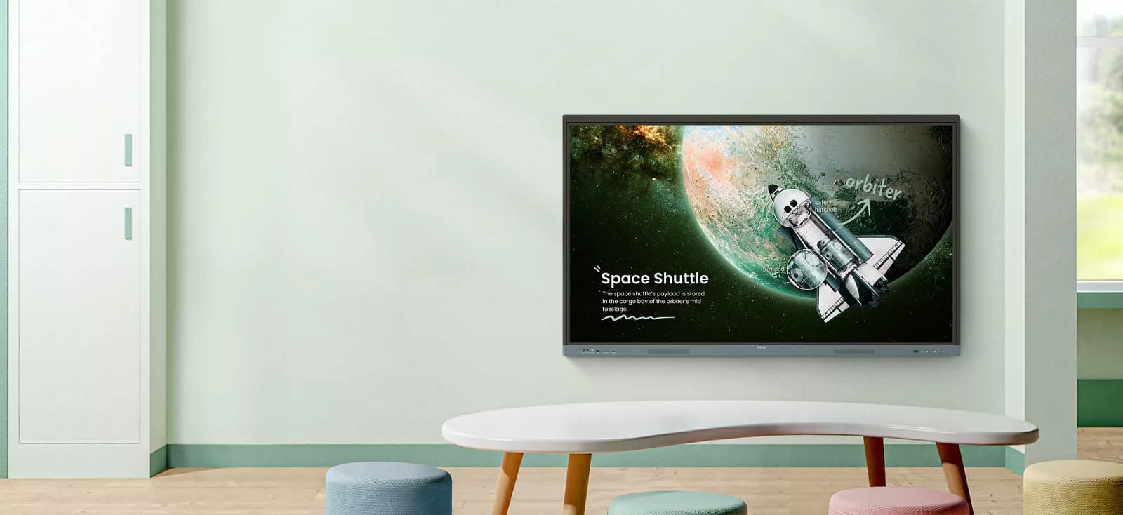 BenQ Board Essential RE04 series interactive display (SKU 9H.F9FTK.DE4 = RE7504) wall-mounted in a classroom, showing on-screen lesson content