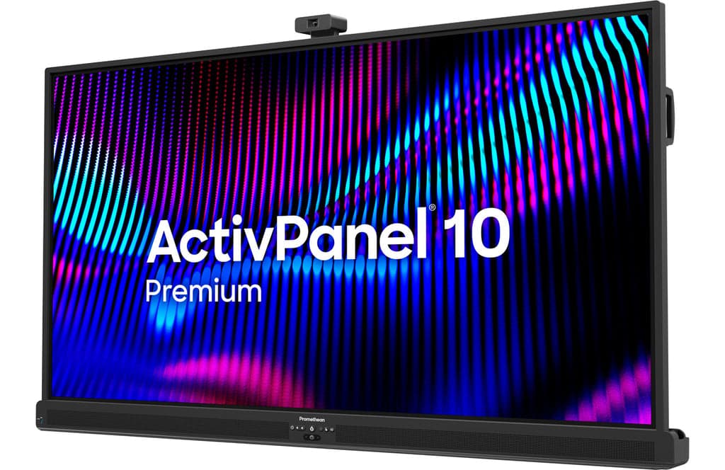 Promethean ActivPanel 10 Premium interactive display, three-quarter angled view with integrated camera on top edge (generic ActivPanel 10 Premium family render, screen size not shown)