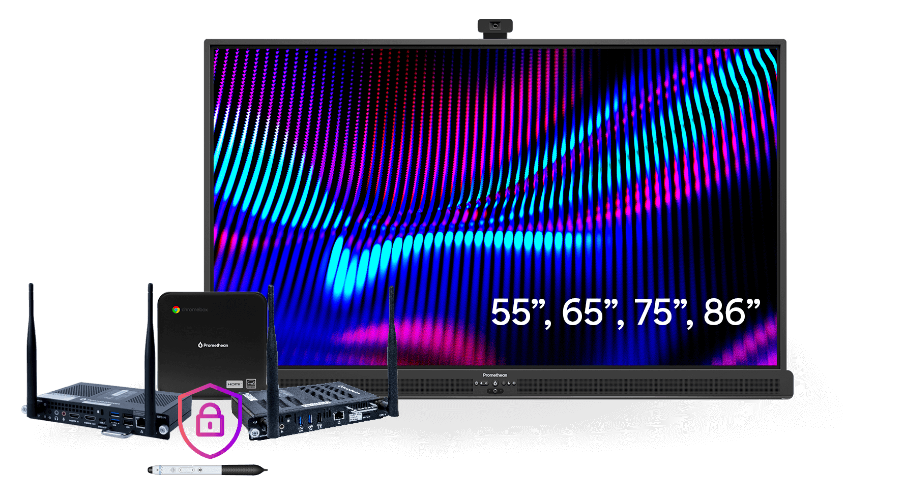Promethean ActivPanel 10 Premium front view with OPS-A module and pen (manufacturer series image, available in 55/65/75/86 inch)