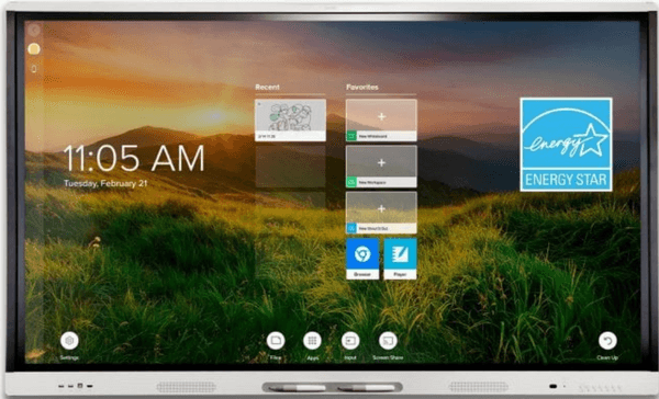 SMART Board MX275-V2 75in interactive display, front view of screen showing iQ home screen interface