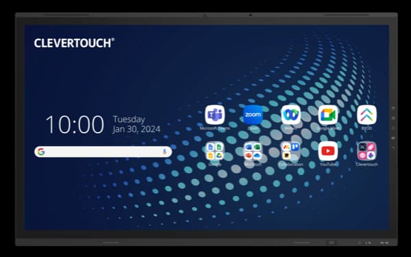 Clevertouch UX Pro Edge interactive display, front view showing Clevertouch home screen with Google Workspace and collaboration app icons