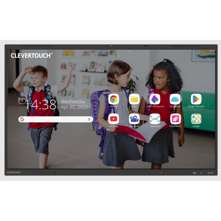 Clevertouch Impact LUX 75" front view showing full bezel, stand, and Android home screen in classroom use