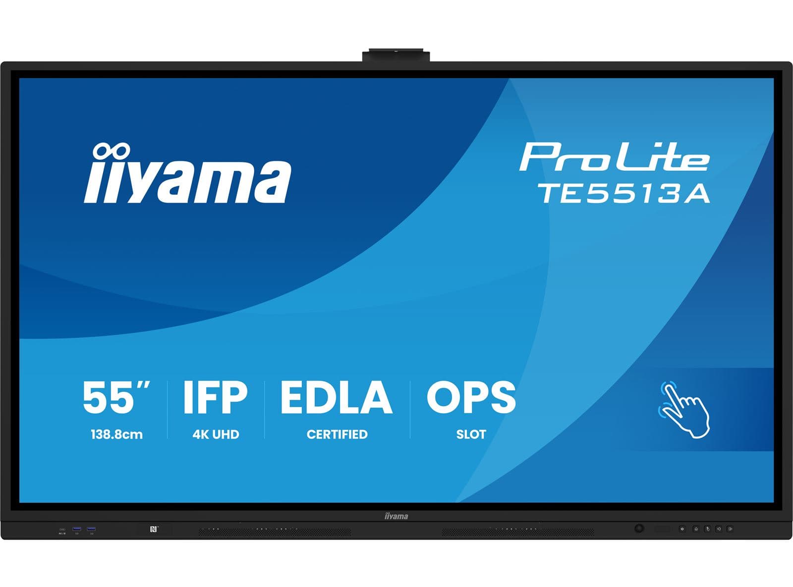 iiyama ProLite TE5513A 55" interactive display, front view showing IFP, 4K UHD, EDLA and OPS badges (TE5513A series chassis shot, same physical unit as the B2AG variant sold)