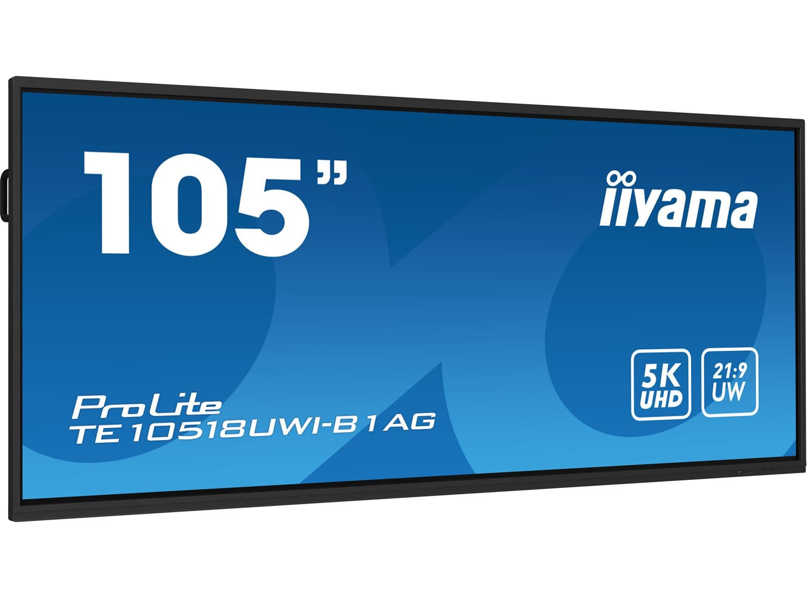 iiyama ProLite TE10518UWI-B1AG 105" interactive display, angled view showing the ultra-wide 21:9 panel and iiyama logo