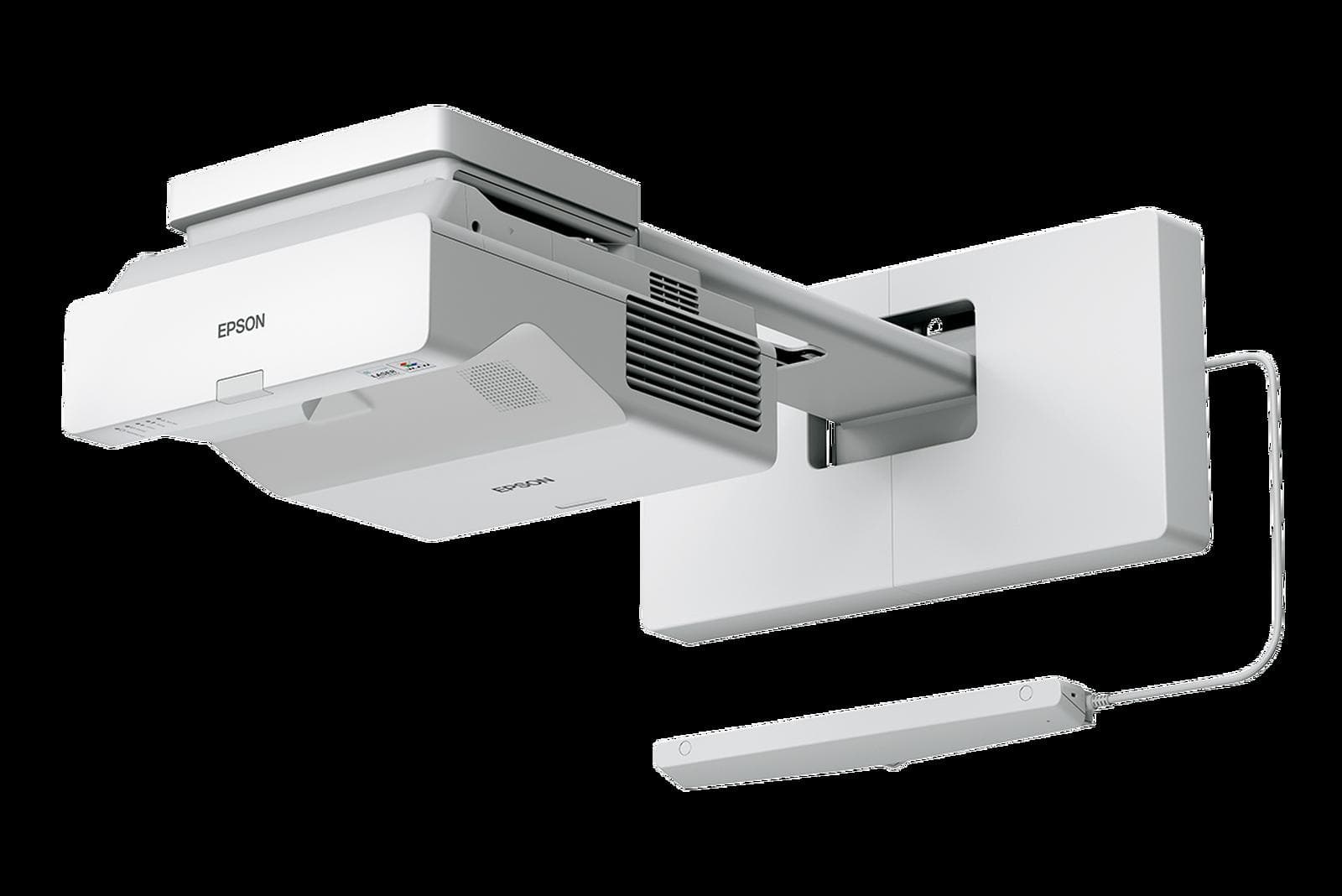 Epson EB-770Fi wall-mounted, three-quarter view with interactive pen tray