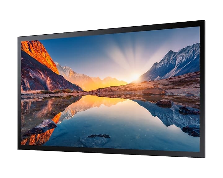 Samsung QM55B-T 55in touch display, three-quarter angled front view showing screen and slim bezel