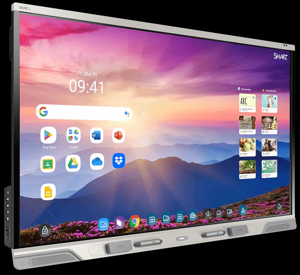 SMART Board RX series interactive display, angled view showing side control buttons, bezel and home screen UI (series shot, shared across all RX sizes including the 75" RX275-5A)