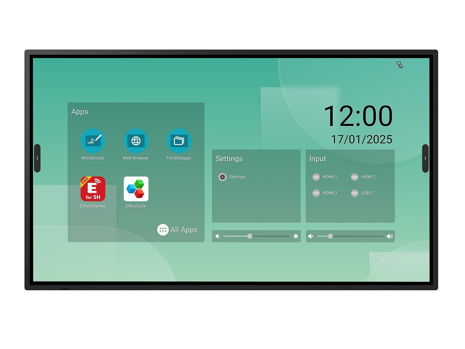 Sharp LM551 55" 4K Infrared Touch Display, front view, landscape orientation with home screen