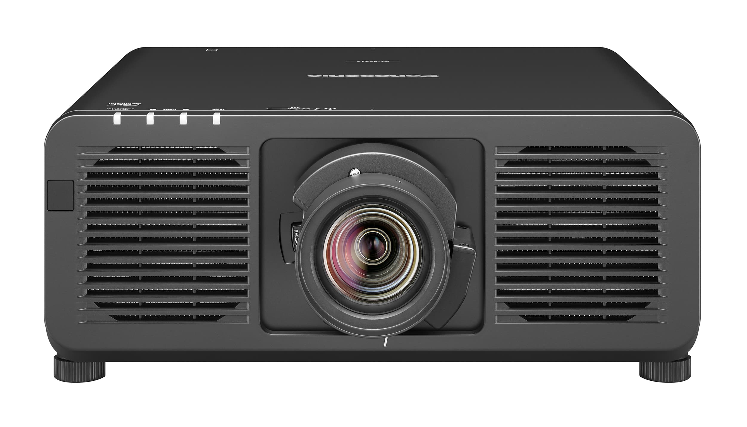 Panasonic PT-REZ10BEJ projector in black, front view (REZ series chassis)