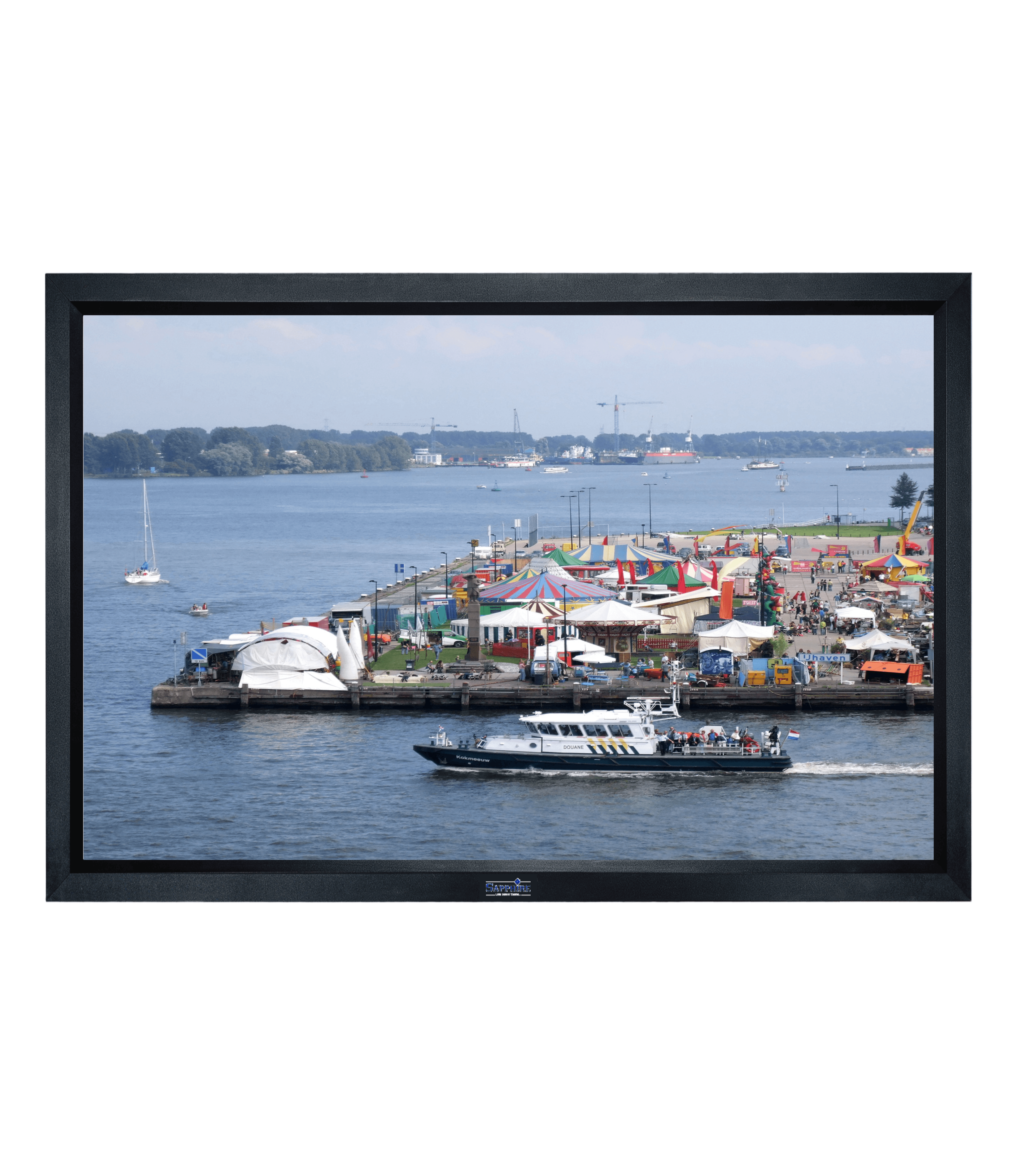 Generic/shared studio image, not size-specific — Sapphire uses this same front-view photo across every screen size in its SFSC 16:10 fixed-frame range; this listing is the 79" / 1710 x 1069mm unit, but the manufacturer's product photo does not vary by size within the 16:10 line.