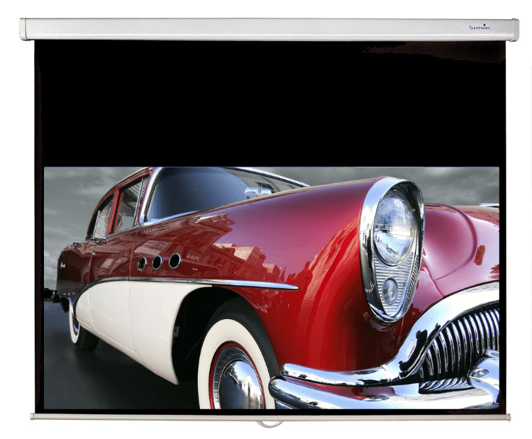 Sapphire SWS270WSF 16:9 122 inch manual projector screen lowered, showing black masking border and 16:9 image area